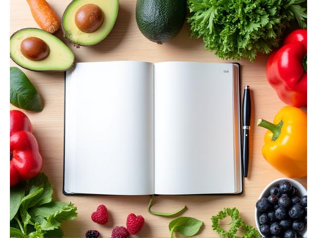 Frische Früchte, Gemüse und ein Notizbuch, das einen Ernährungsplan darstellt.